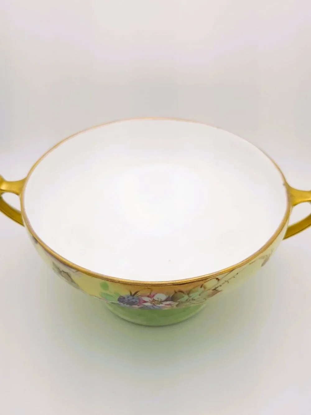 Antique MZ Austria Moritz Zdekauer Blackberry Floral Pedestal Bowl Gold Handles